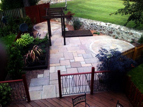 Decking, balustrade and stone patio. Decking, balustrade and stone patio